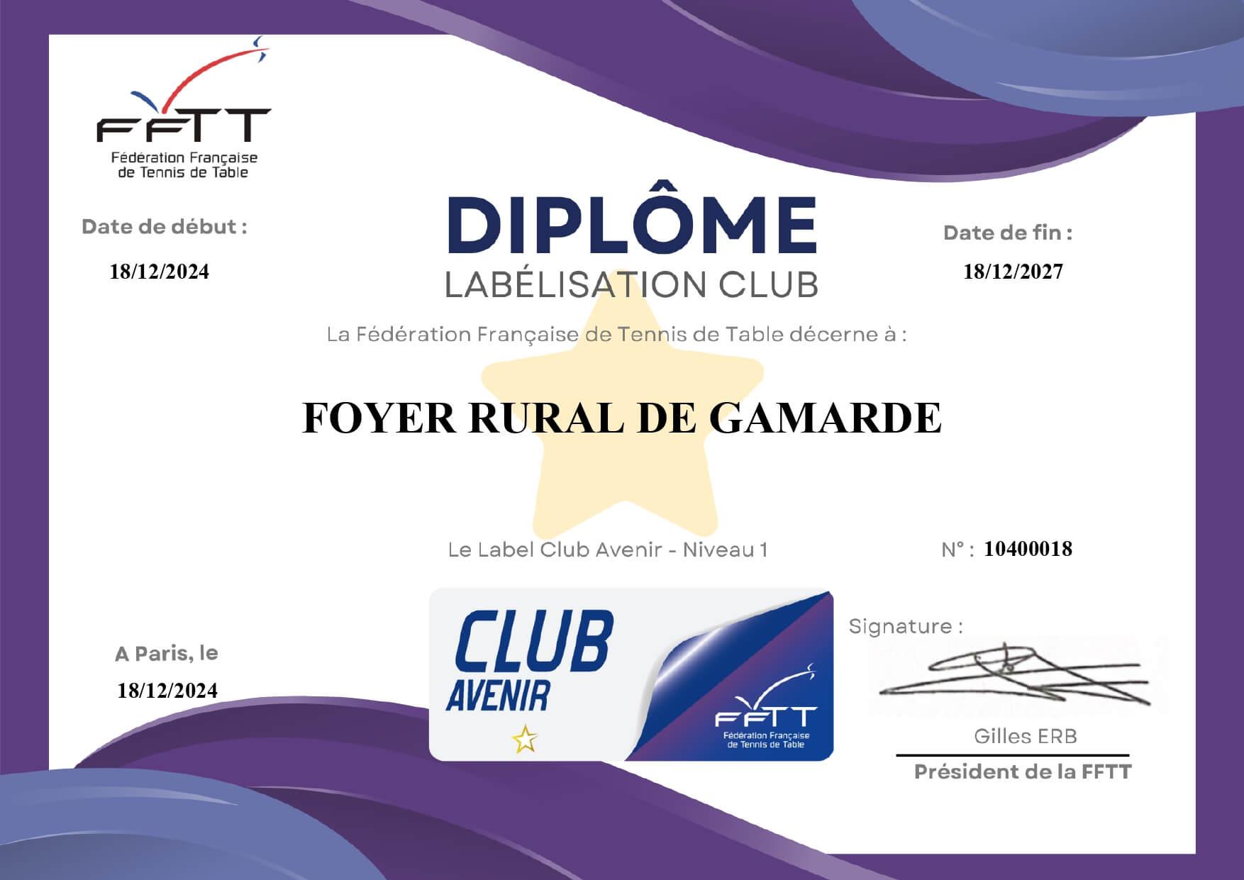 Diplôme FFTT Label Club Avenir