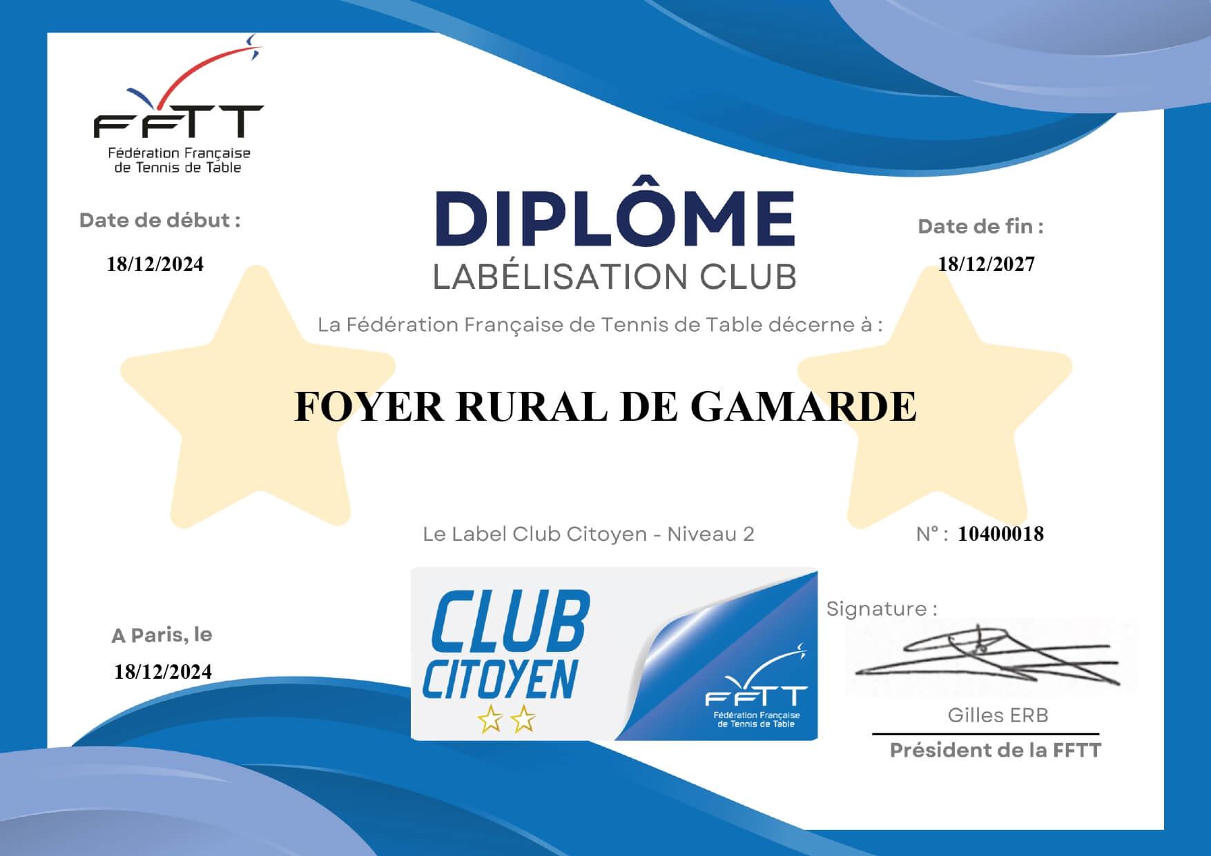 Diplôme FFTT Label Club Citoyen