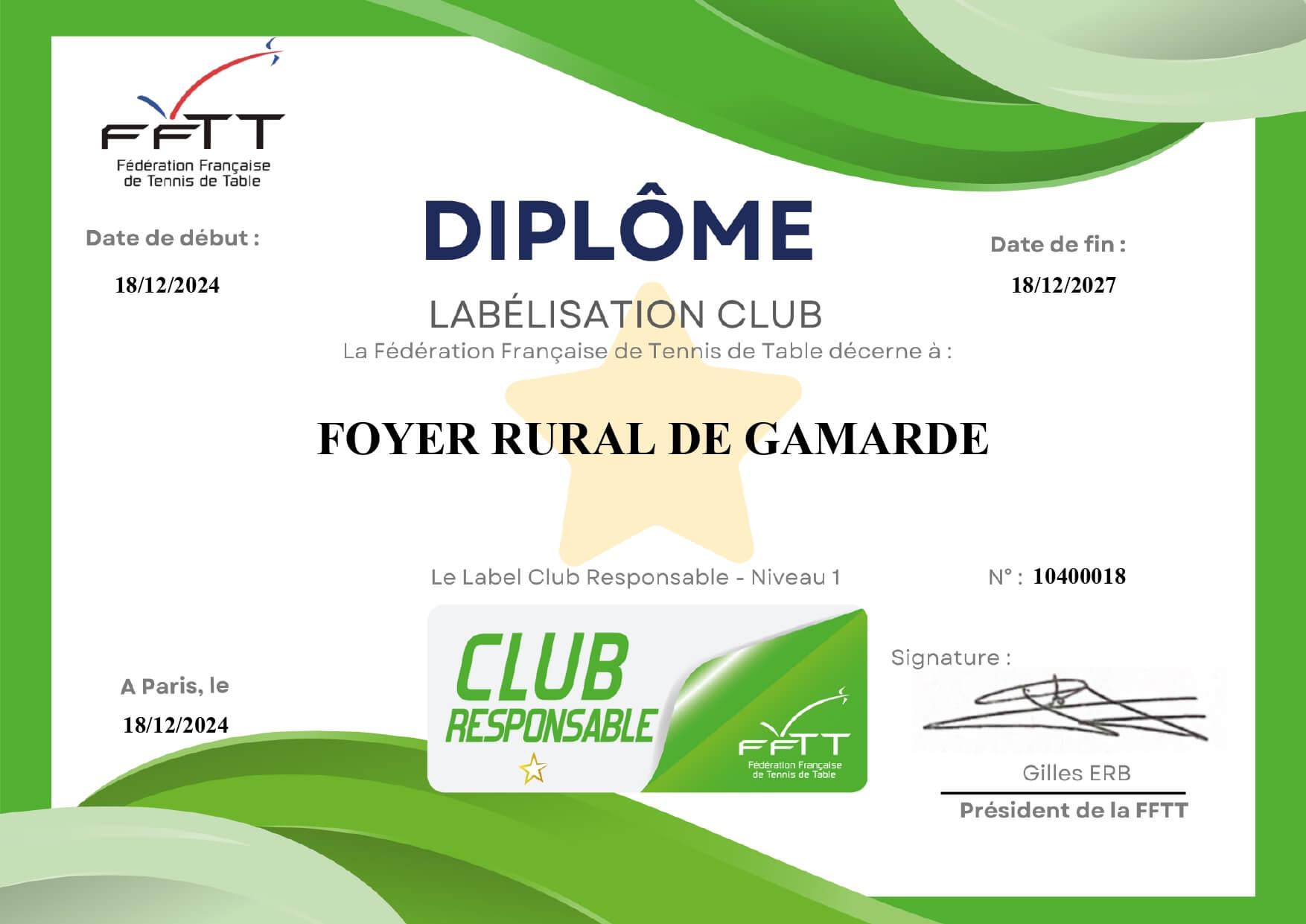 Diplôme FFTT Label Club Responsable